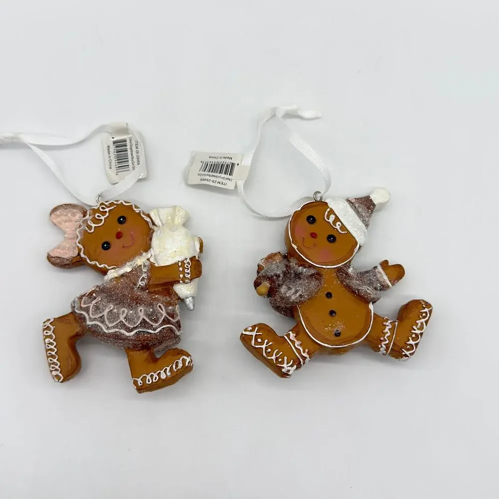 Set of 2 Gingerbread Boy Girl Cookie Ornaments Mrs Claus Bakery Icing FLAWED